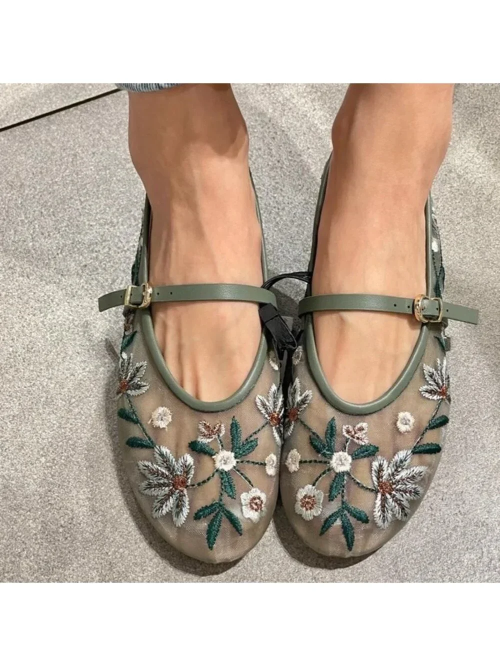 Floral Embroidered Mesh Ballet Flats for Women | Round Toe Mary Jane Style
